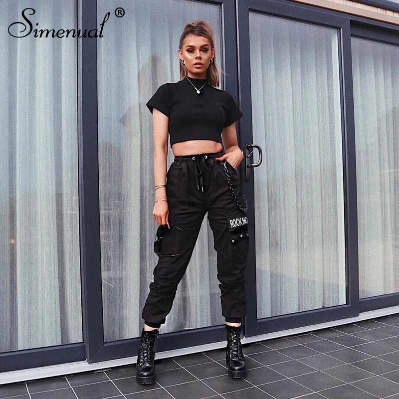 Simenual Streetwear Pocket Letter Cargo Pants Women High Waist Fashion Slim Long Trousers Casual 2019 Chain Harem Pants Harajuku Simenual Streetwear Pocket Letter Cargo Pants Women High Waist Fashion Slim Long Trousers Casual 2019 Chain Harem Pants Harajuku
