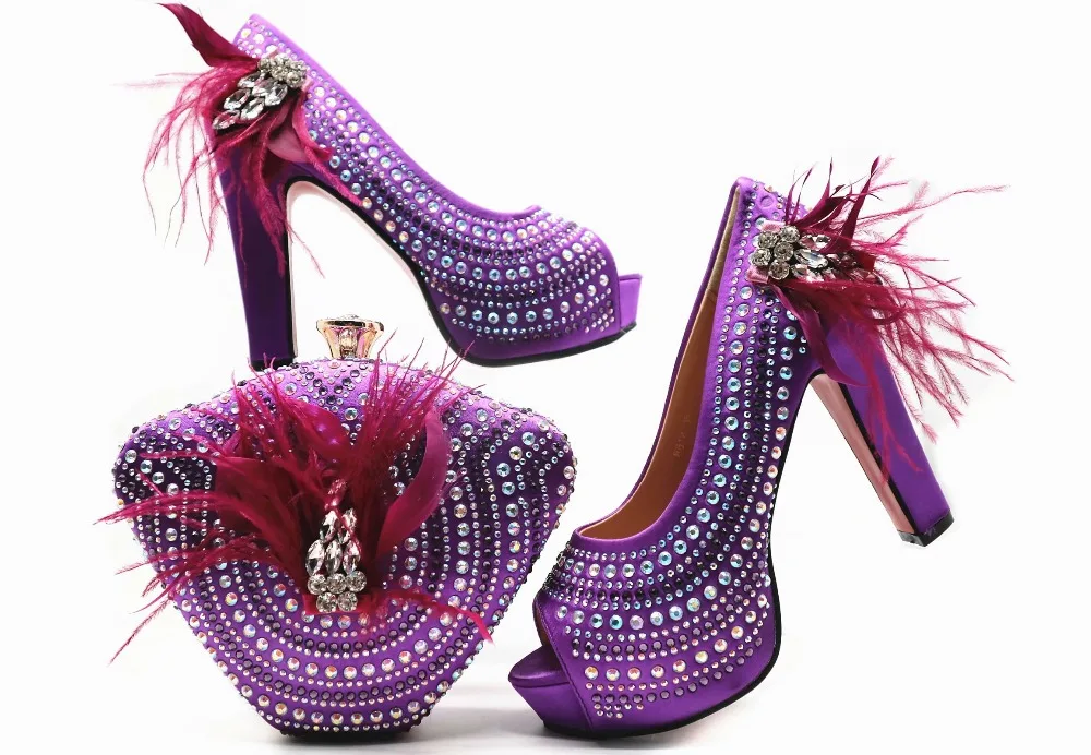

Italian shoes and bag in purple color sexy feather women pumps shoes and clutches evening bag african aso ebi shoes bag SB8302-3