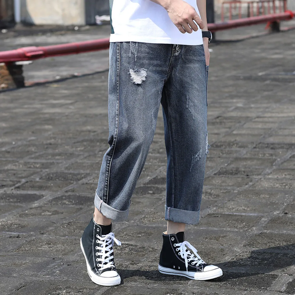 Feitong Модные свободные джинсы мужские новые модные Летняя Повседневная Уличная одежда складные прямые свободный джинсовый рваный комбинезон длинные штаны