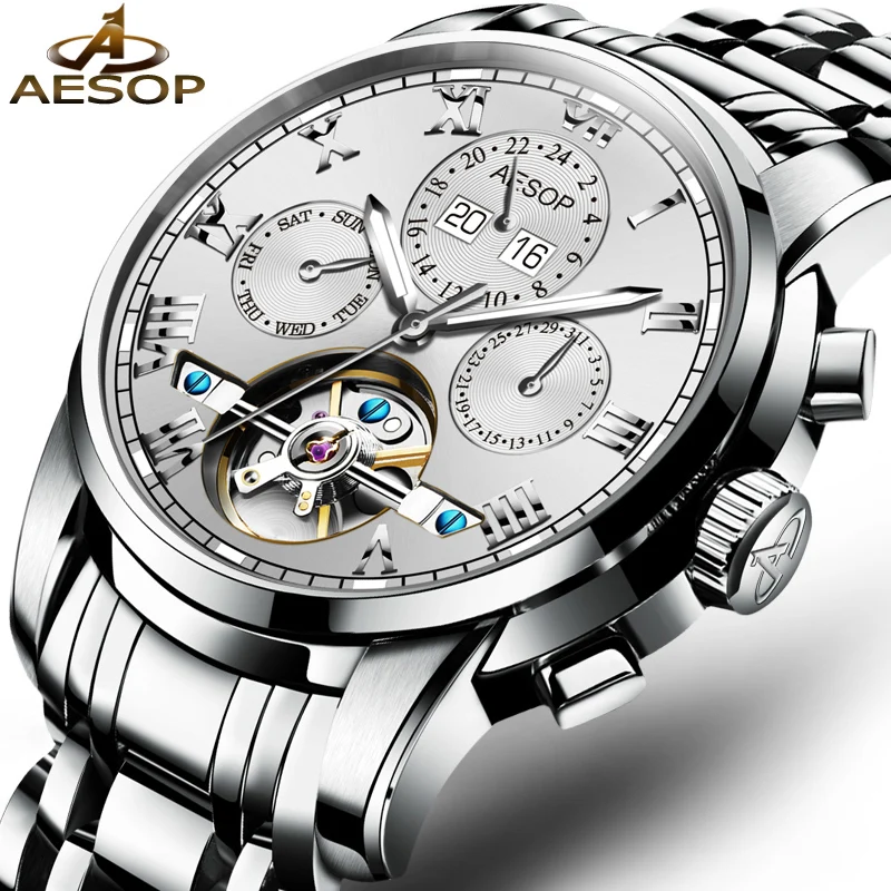 

AESOP Business Men Watch Mechanical Wristwatch Shockproof Waterproof Top Brand Male Clock Hollow Skeleton Relogio Masculino 46