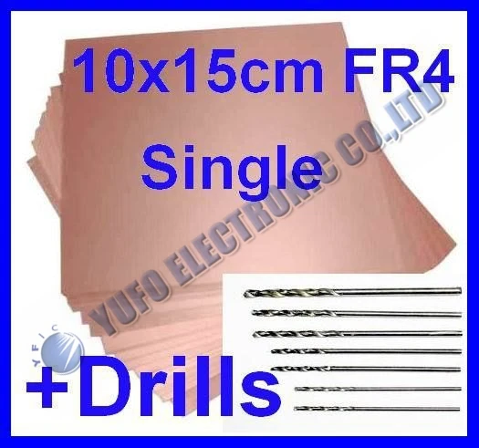 

Free Shipping One Lot 5pcs FR4 Copper Clad Circuit Board PCB 10 x 15cm Single Side + 7pcs Drills