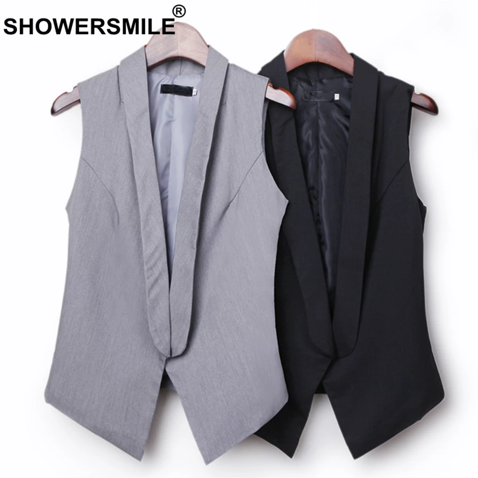 SHOWERSMILE Short Vest Women Gray Blazer Cotton Sleeveless Jackets Female Office Uniform Slim solid Ladies Spring Autumn Gilet