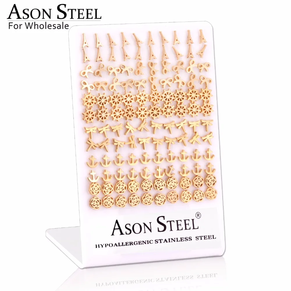 

ASONSTEEL Fashion 60Pairs/Lot Vintage Stud Earrings for Women Stainless Steel Gold Earrings Wholeslae Party Collier