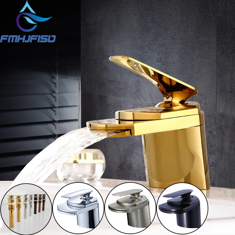 

Free Shipping Golden Polished Basin Faucet Deck Mount Waterfall Bathroom Basin Sink Faucet Hot and Cold Water Mixer Taps