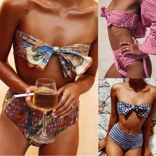 

Sexy Womens Bikini Set Bandage Push-Up Padded Swimwear Print Plaid Swimsuit Bathing Brazilian CA