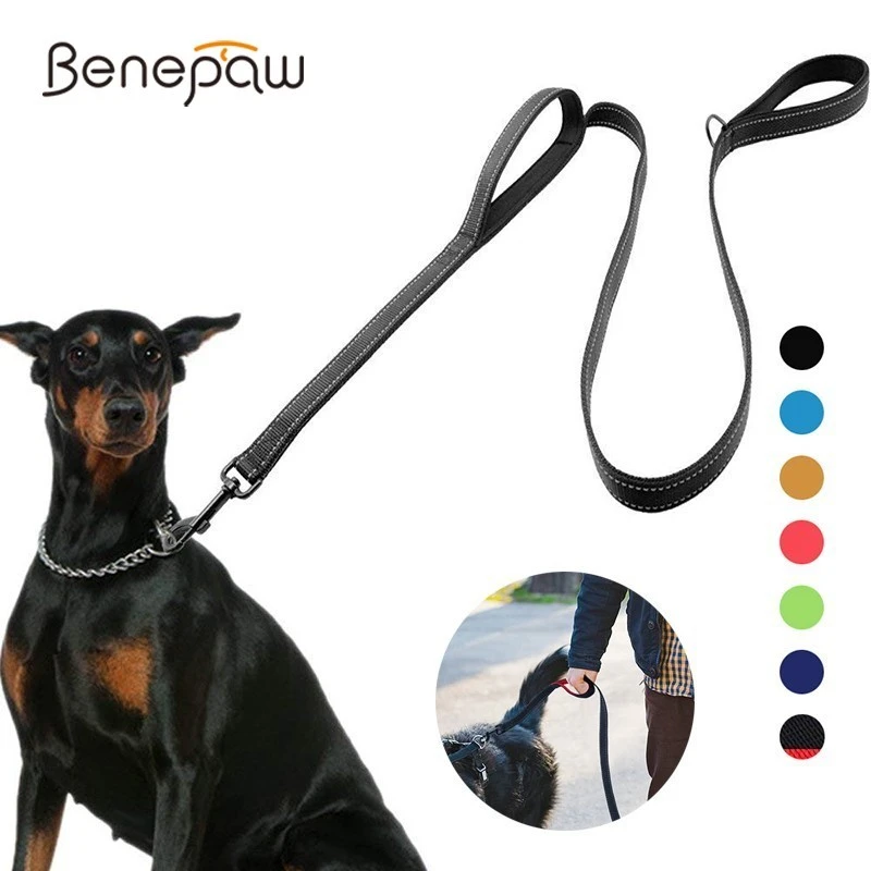 Benepaw Reflective Padded Dog Leash Two Handle Durable Small Medium Large Dog Pet Training Leash Nylon Lead 7 Colors leather dog collars