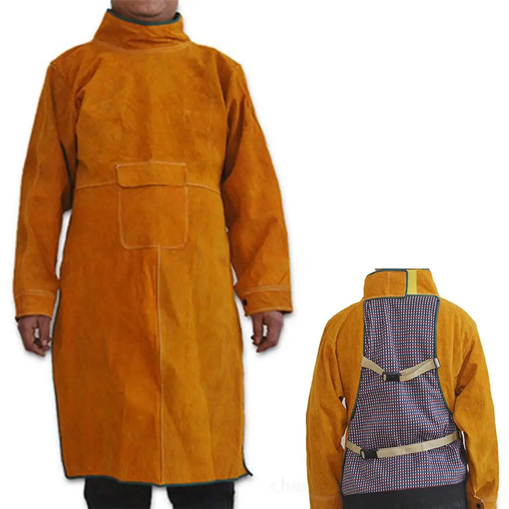 

Adeeing Long Sleeve Cowhide Leather Heat Resistant Welding Barbecue Grinding Woodturning Apron Work Apparel
