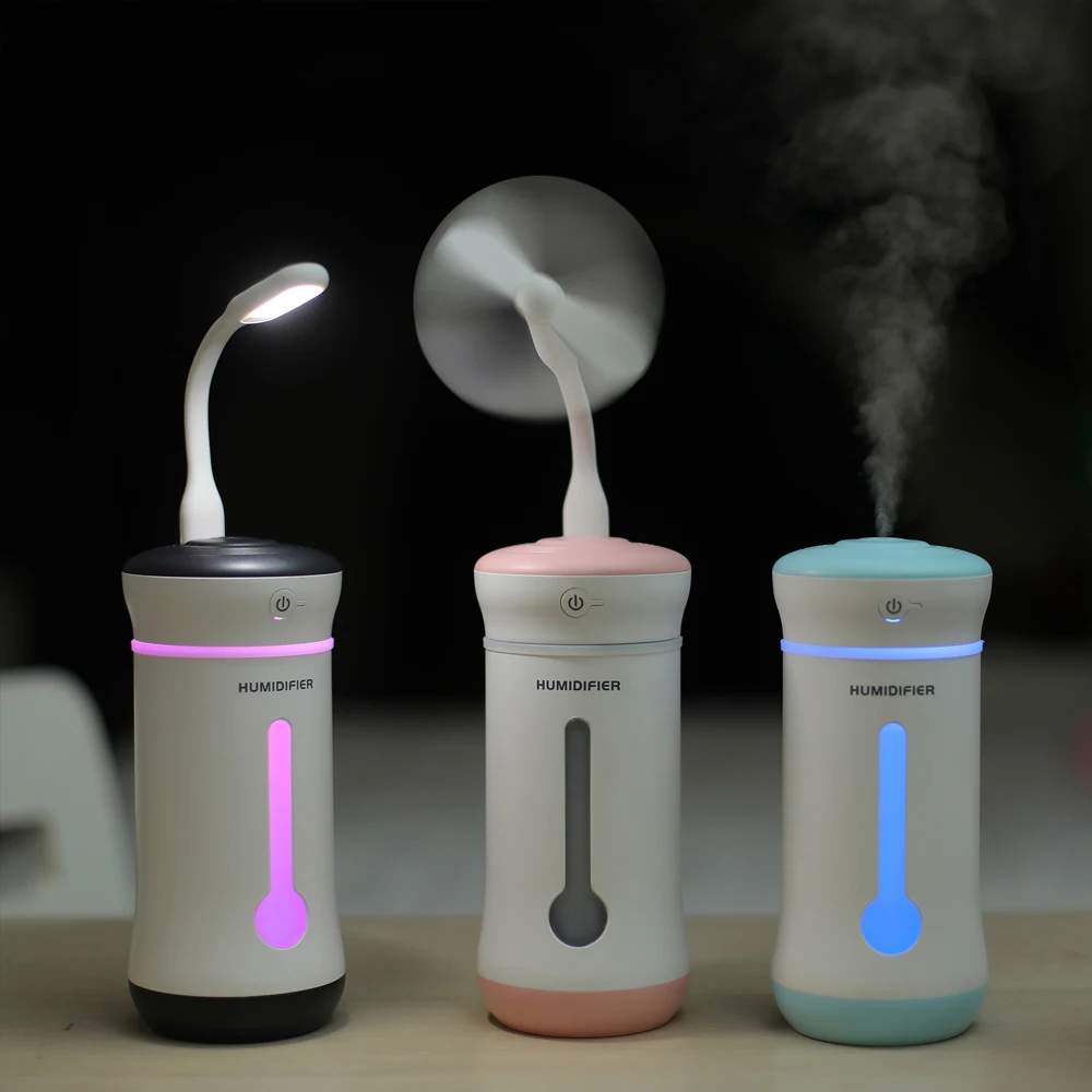 

3 in 1 Mini Cool Mist Humidifier 300ML Ultrasonic Portable Air Diffuser with USB Fan and LED Light for Home Office or Car