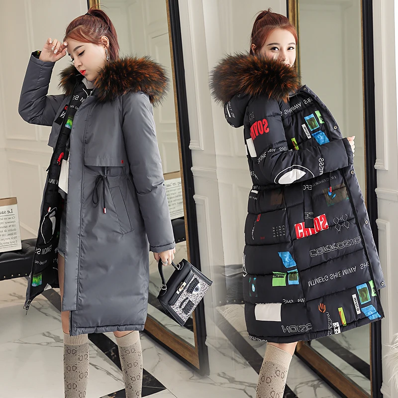 2018 Winter Parkas Women Both Sides Wear Coat Big Fur Collar Hooded Jacket Coats Thick Warm Cotton Padded Windbreaker Outwear