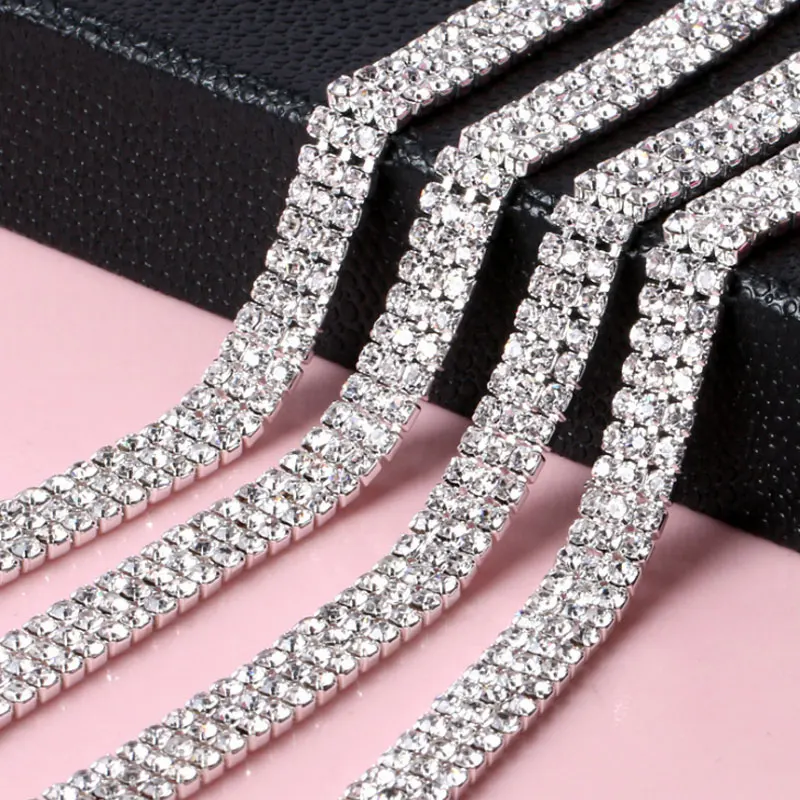 2-Row 1 Yard Crystal Rhinestone Close Chain Silver DIY Sewing Trim Craft 4mm