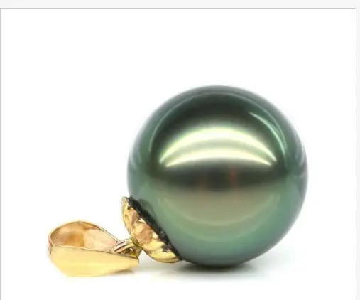 

charming 12mm Tahitian black green pearl necklace pendant 14KGP