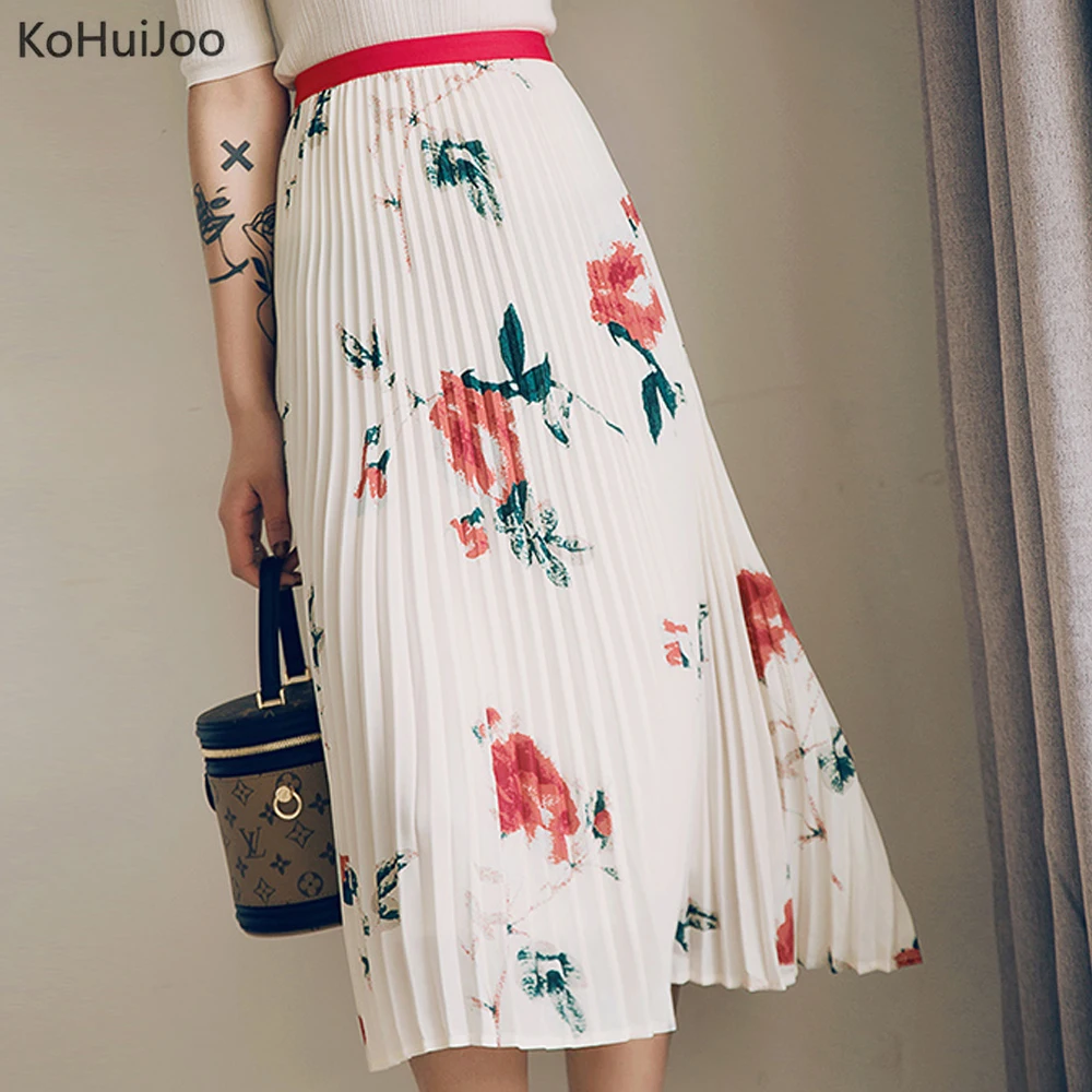 KoHuiJoo, Женская плиссированная юбка, высокая талия, цветочный принт, высокая мода, длинная винтажная юбка, для девушек, лето, Осень, пэчворк, макси юбки
