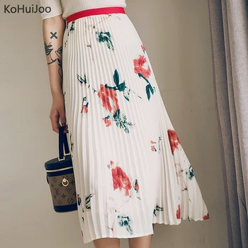 

KoHuiJoo Women Pleated Skirt High Waist Flowers Print High Fashion Long Vintage Skirt Lady Summer Autumn Patchwork Maxi Skirts