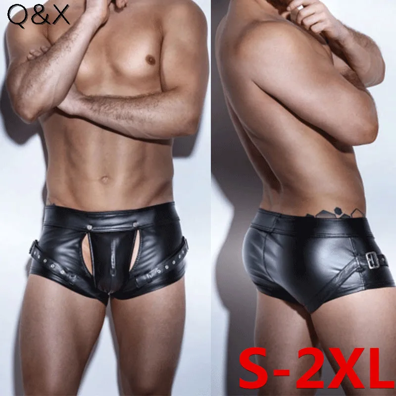S-2XL Plus Size Faux Leather Four Boxer Shorts Open Crotch Sexy Penis Pock Short Panties Lingerie Men Bandage PU Underwear