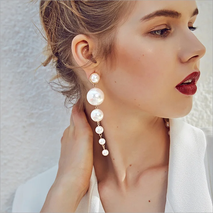 

New Trendy Elegant Created Big Simulated Pearl Long Earrings Pearls String Statement Drop Earrings For Wedding Party Gift