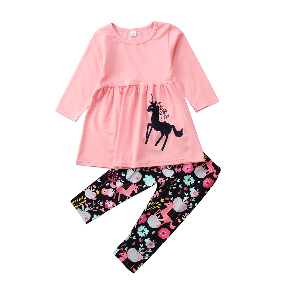 Милый комплект одежды для маленьких девочек; топы с длинными рукавами с единорогом+ штаны с цветочным принтом; комплект одежды из 2 предметов