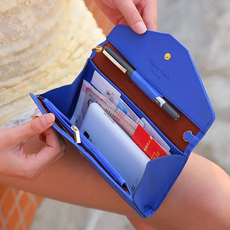 Новое поступление, женская кожаная обложка для паспорта с застежкой, держатель для кредитных карт, чехол для телефона, кошелек, женский клатч для путешествий - Цвет: Blue
