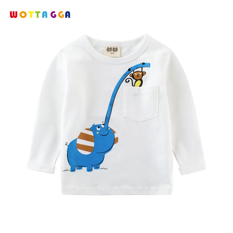 

WOTTAGGA Kids T Shirt Elephant Pocket Long Sleeve Solid Cotton Girls Sweatshirt Children Boys O-neck New Fashion 2018 Spring