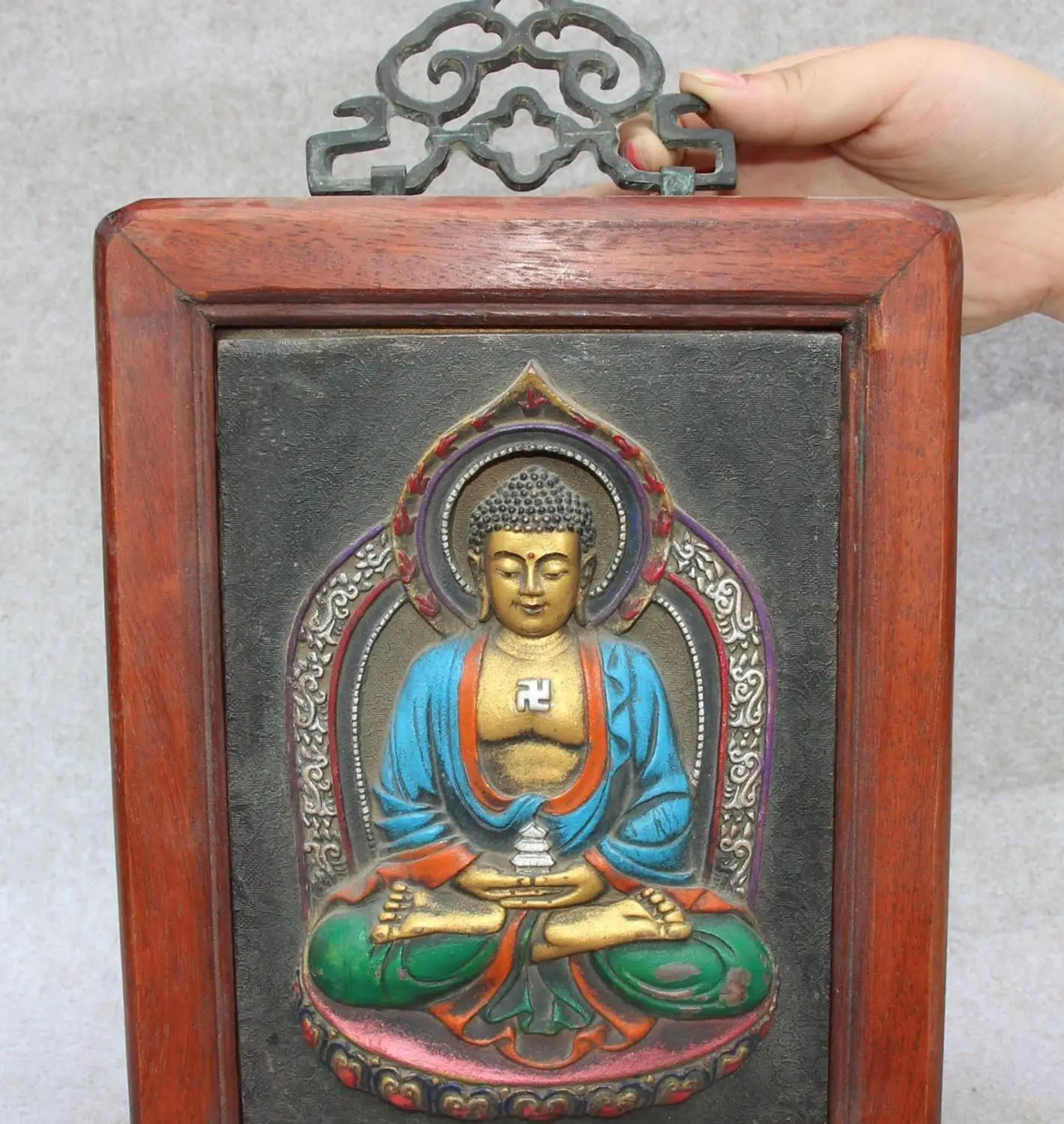 

13" Tibet Wood Painting Seat Shakyamuni Sakyamuni Buddha Fokan Folding Screen
