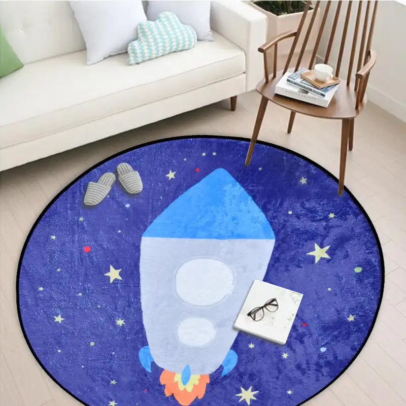 Cartoon Round Carpet Clock Rocket Pattern Children Kids