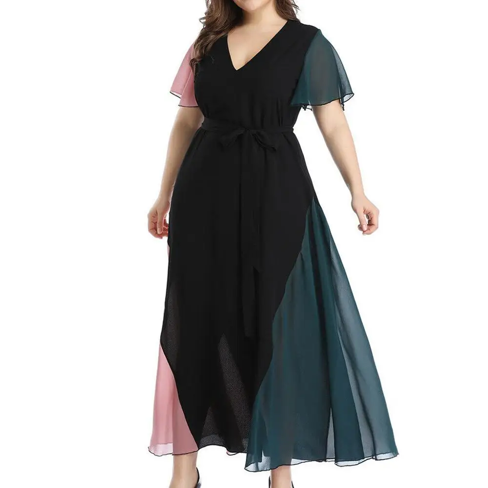 

2019 Large Size Chiffon V-neck Lace short-sleeved Dress Colors Patchwork Dress Summer Outdoor Beach Party Long Dresses AD