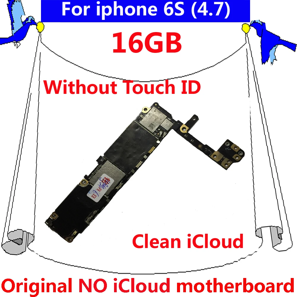 

Clean iCloud IOS system logic board with chips for iphone 6S 6 S original motherboard without touch ID 16GB unlocked mainboard
