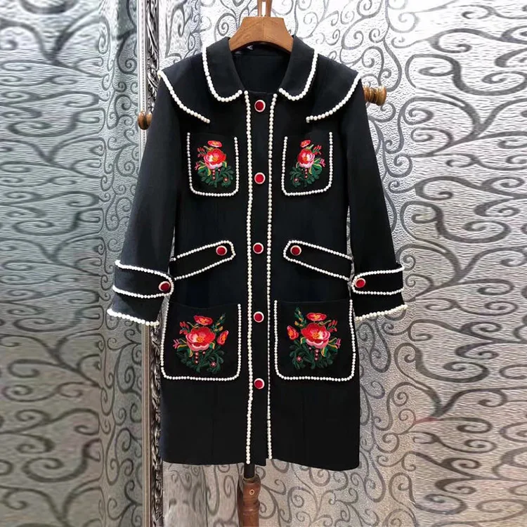 High quality pearls embroidery coats 2018 Autumn winter runway elegant women overcoat D569