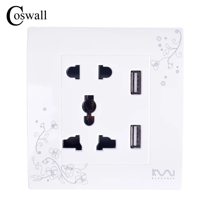 COSWALL Роскошная настенная электрическая розетка, многофункциональная 5 отверстий розетка с двойным USB зарядным портом, AC 110~ 250 В