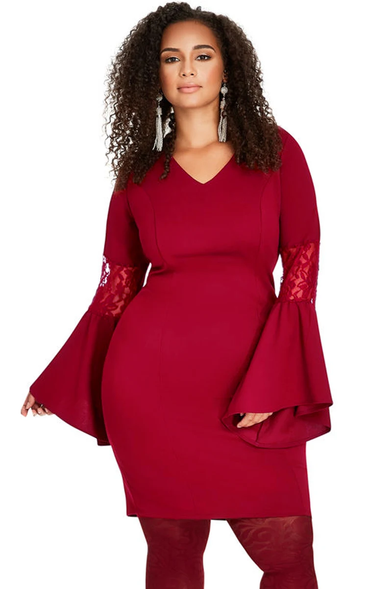 Purplish-Red-Lace-Bell-Sleeve-Sheath-Plus-Size-Dress-LC220439-3-1