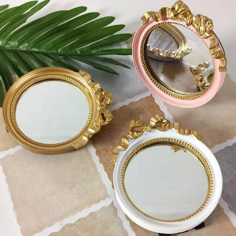 

Fashion Round Makeup Mirror European Resin Creative Portable Jewelry Earrings Show Portable Single Side Decorative Mirrors