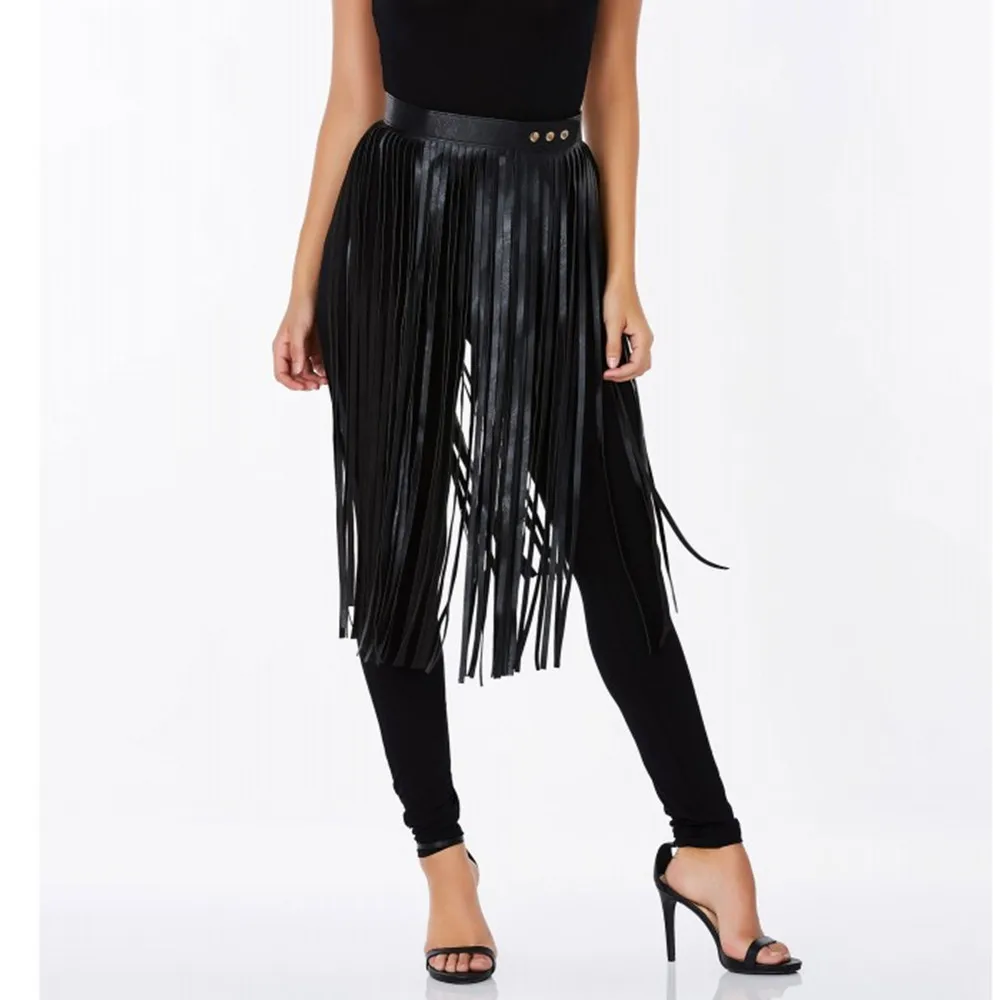 Fringe Tassel Leather Ladies Belt Matching High Waist Fashion Women Long Belts Black