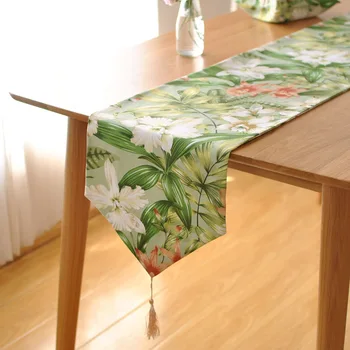 

Pastoral green plants flowers table runner tablecloth cotton linen long coffee table TV cover cloth table mat