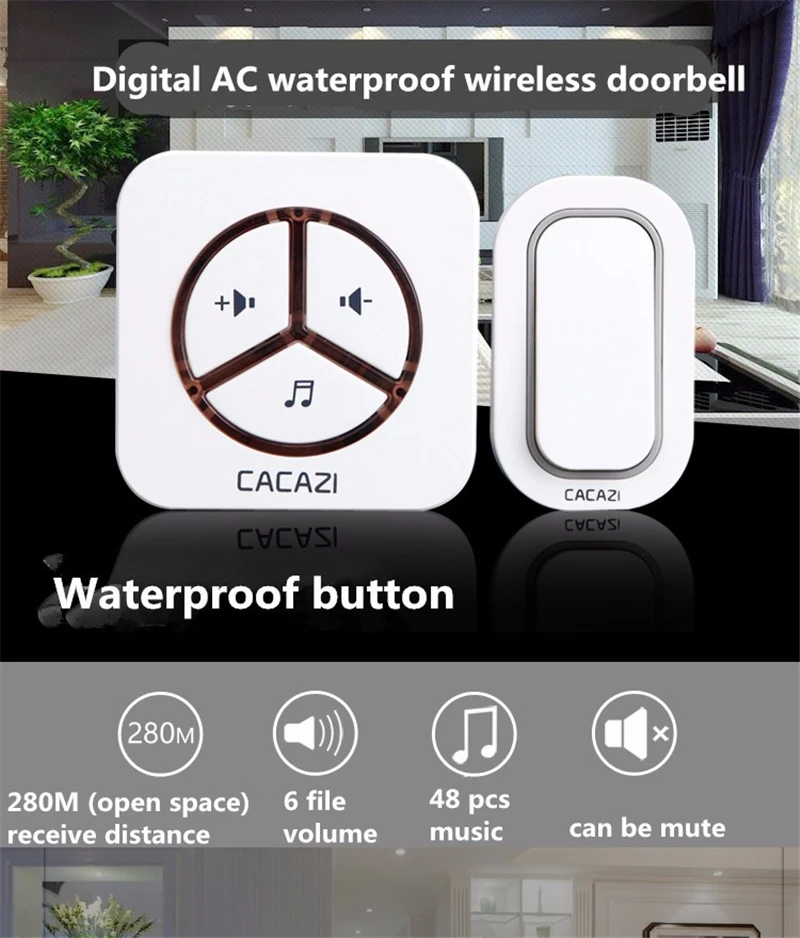 Cacazi, беспроводной дверной звонок водостойкий кнопка батареи 280 м дистанционный светодиодный свет дверной звонок Домашний Беспроводной