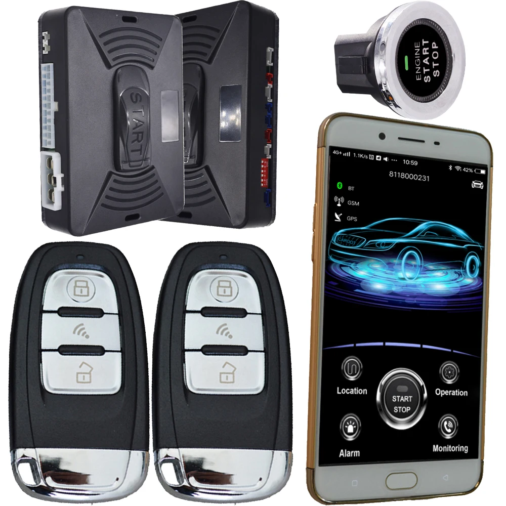 Burglar car alarm with start stop ignition button mobile app control