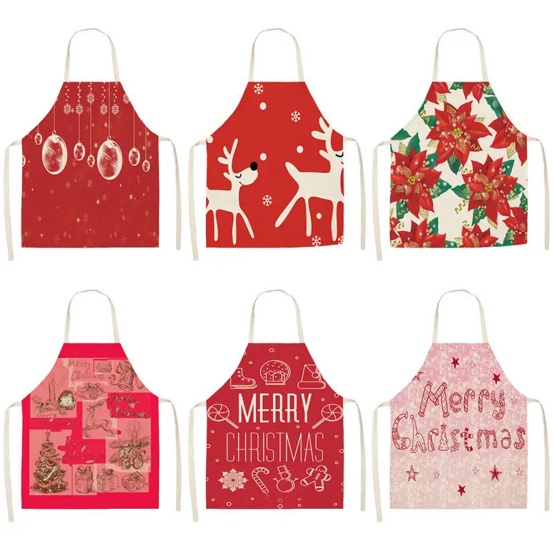 

1Pcs Red Christmas Apron Cotton Linen Pinafore Xmas Decor Pendant Adult Bibs 53*65cm Home Kitchen Cooking Accessories CM1005