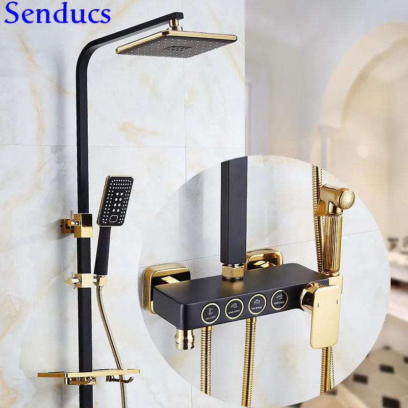 

Senducs Black Gold Shower Set Luxury Hot Cold Bathroom Shower Faucet with Brass Bidet Raind Shower Head Black Gold Shower System