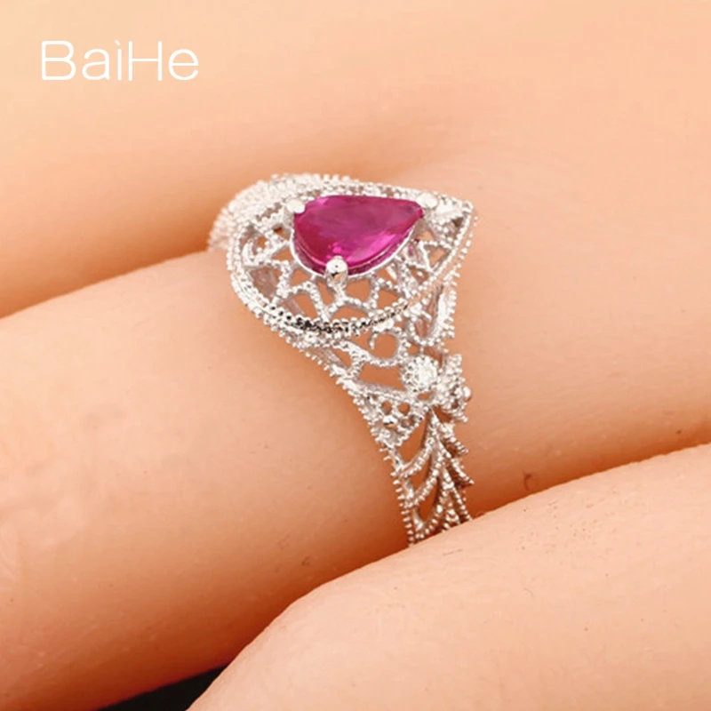 BAIHE Solid 14 k белое золото(AU585) Груша рубиновое винтажное резное Искусство натуральное бриллиантовое свадебное женское кольцо для помолвки Подарочное кольцо