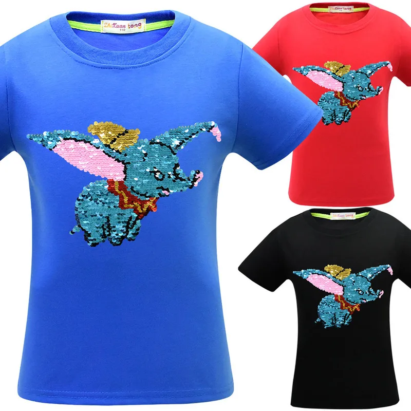 

Unicorn Boys Dumbo Funny Flying Elephant T Shirt Kids Summer Sequin Tops Little Girl Flip Double Sided Tshirt Children Clothing