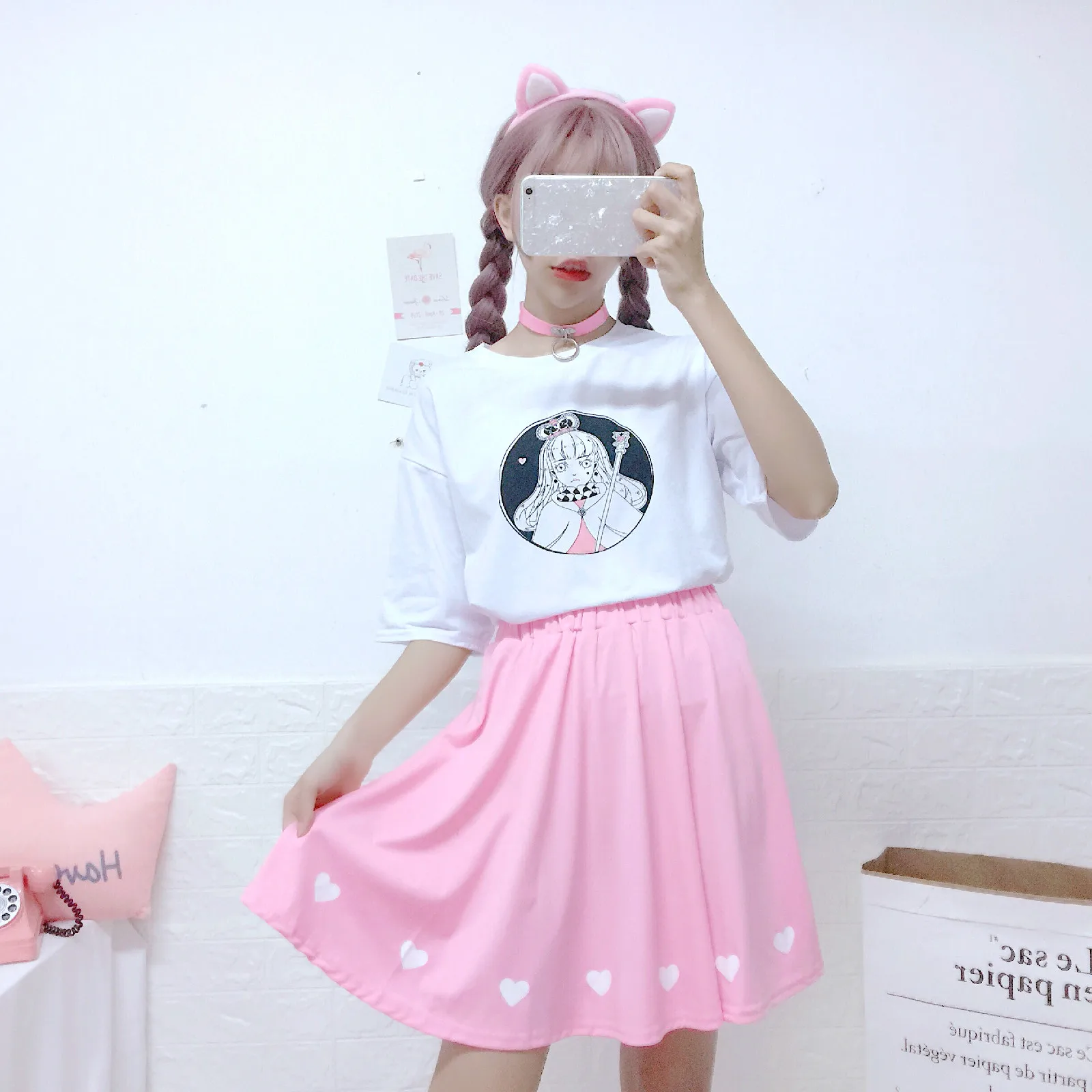 

Summer Cute Love Embroidery Student Skirt Elastic Waist A-Line Girls Mini Skirt Sweet High Waist Pleated Skirt