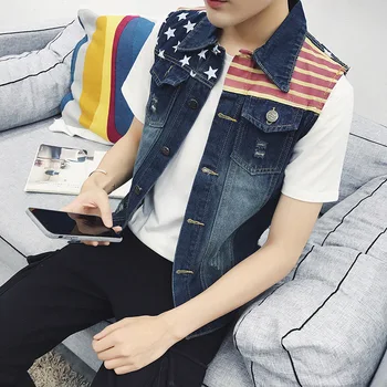 

Fashion 2020 Spring Autumn Printed Pentagram Men's Denim vest Men Denim Ripped Hole Flat waistcoat tank top flag leisure vest