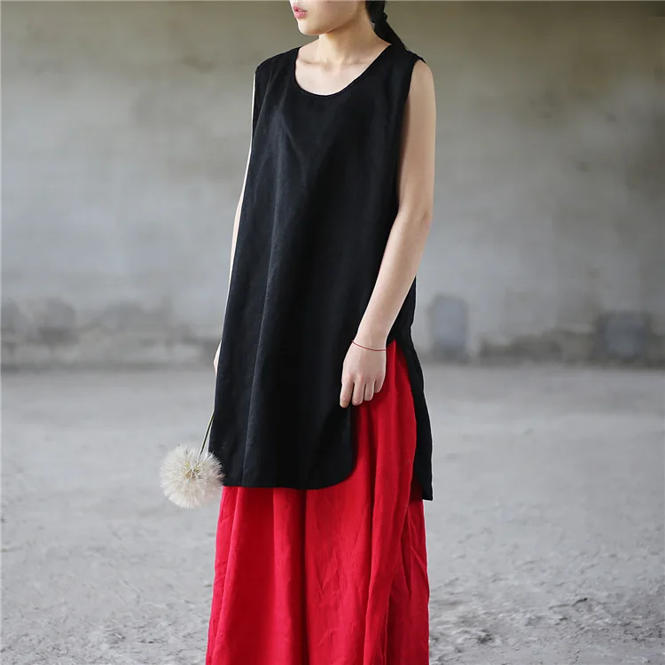 

Women Retro Solid Color Long Tanks Sleeveless Tops Female Vintage Loose Tanks Ladies O neck Summer Tops 2018