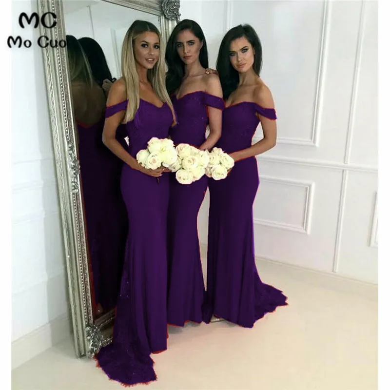 Elegant Off The Shoulder Jersey Mermaid Bridesmaid Dresses Lace Appliques434