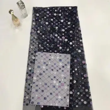 

2019 new 5yards A8524 black mesh dobby shining sequin embroidery net mesh lace fabric for sawing evening bridal wedding