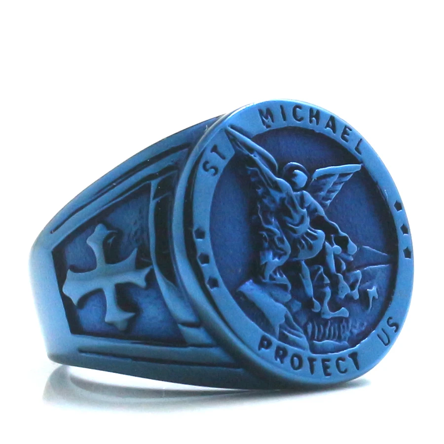 

Unisex SAINT MICHAEL PROTECT US 316L Stainless Steel Cross Blue Ring