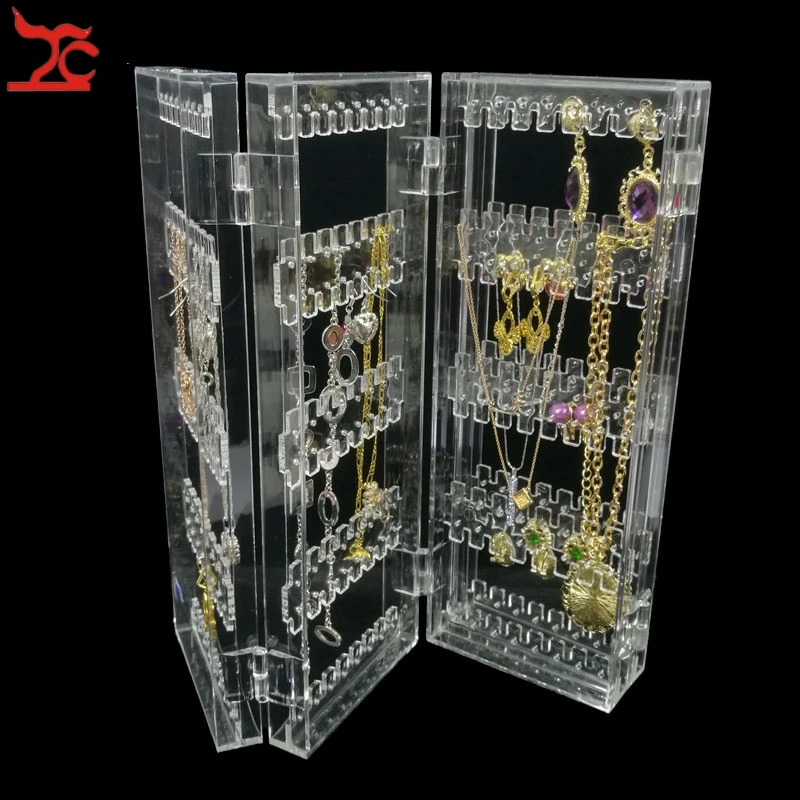 Foldable 4 Panel Clear Acrylic Makeup Jewelry Organizer Holder 256 Holes Earring Stud Necklace Bracelet Case Cabinet Stand Shelf