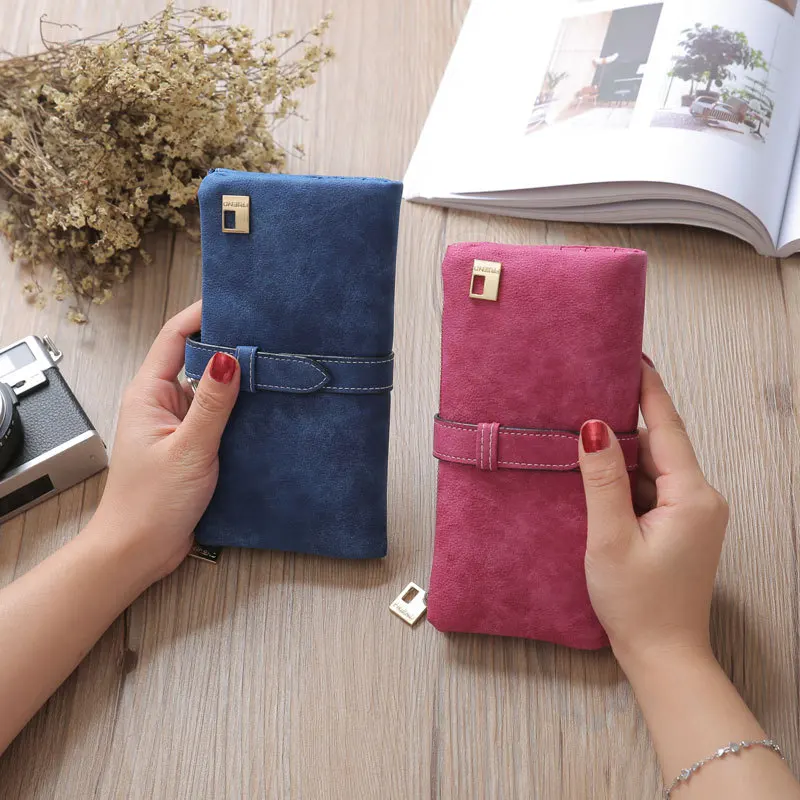 

2019 New Fashion Women Wallets Drawstring Nubuck Leather Zipper Wallet Women's Long Design Purse Two Fold More Color Clutch