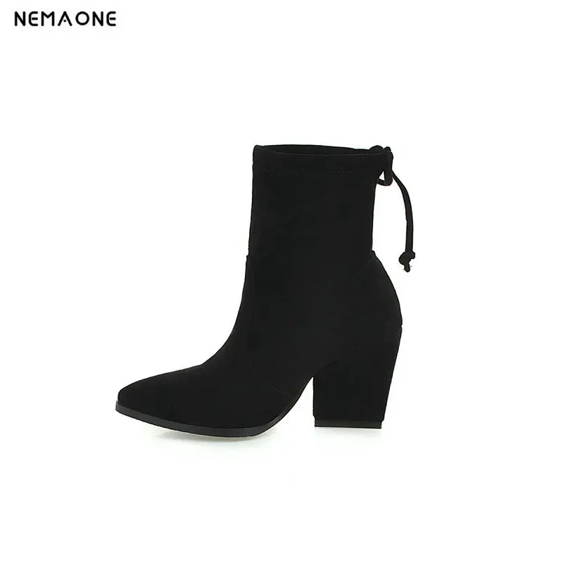 

NEMAONE Plus size 34-43 sexy ankle boots woman high heels poined toe thick high boots spring autumn women boots black
