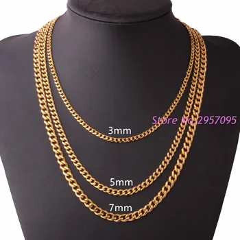 

3/5/7mm Wide Mens Boys Chain Necklace Curb Cuban Link Silver/Gold Color Stainless Steel Necklace Jewelry