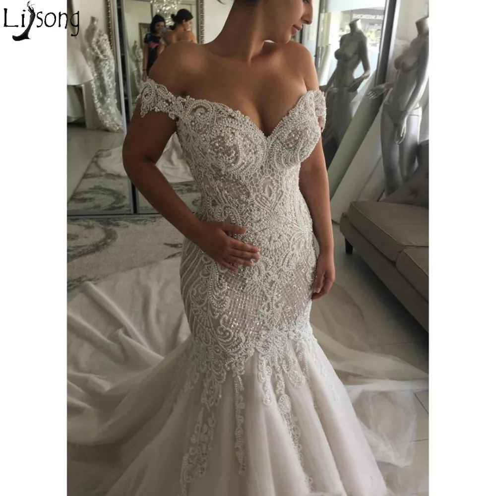 2019 Luxurious Sexy Mermaid Wedding Dresses Off Shoulder Pearls Beads Sequined Crystals Court Train Dubai Arabic Wedding Dress Bridal Gowns 399