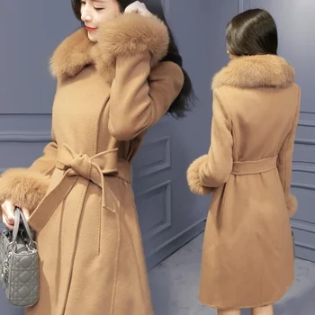 

U-SWEAR Long Wool Winter Coat Elegant Fashion Collar Detachable Fur Collar Wool Blend Coat and Jacket Women Coats Autumn